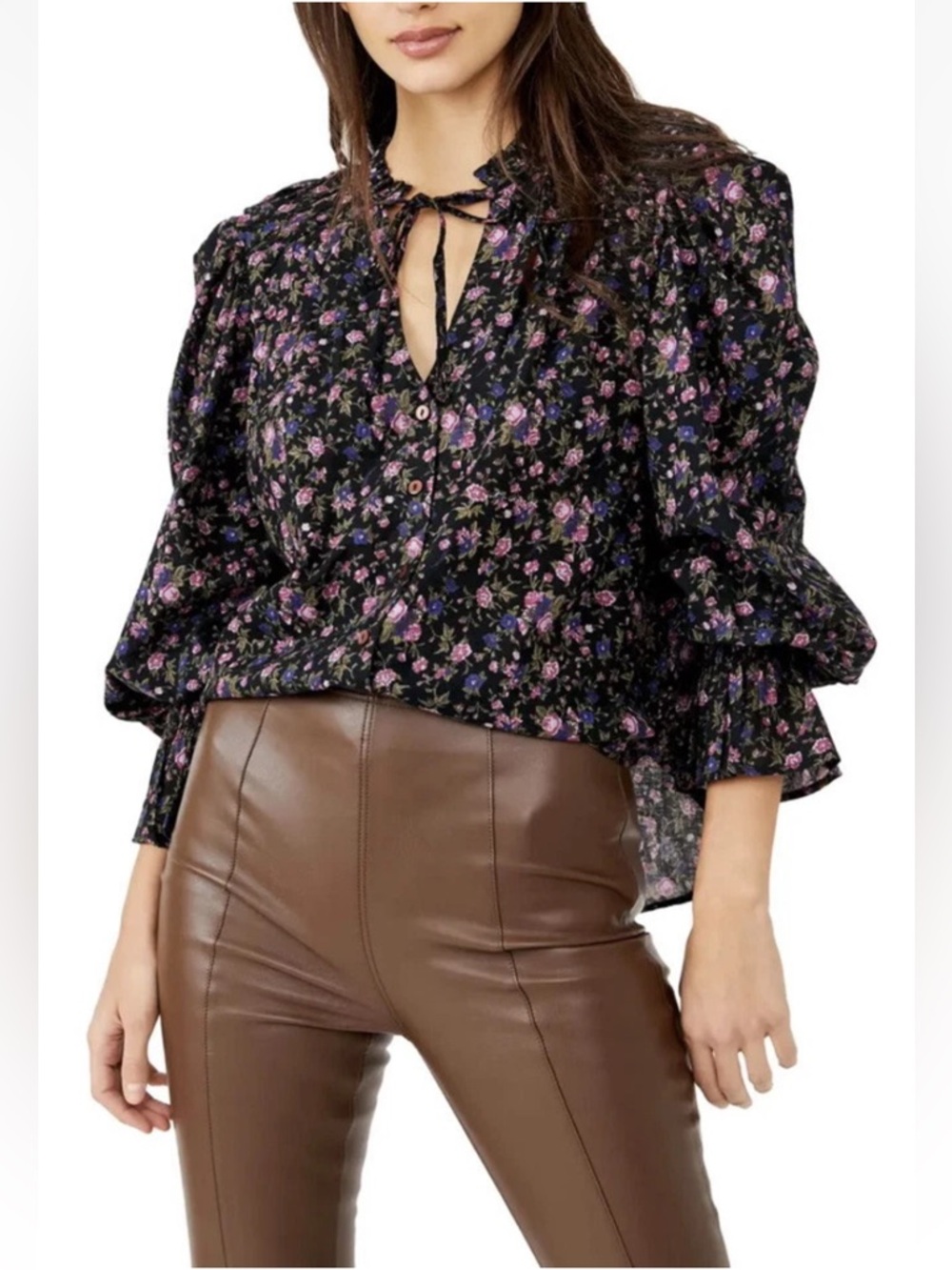 Free People Meant To Be Smocked Blouse Floral Black Combo Peasant Boho small
